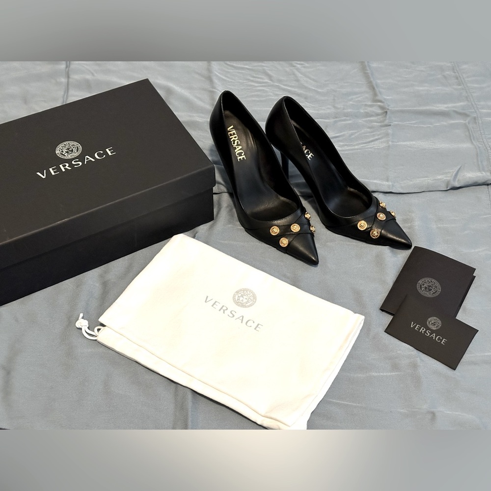 Versace Black Leather Pointed Toe Pumps with Medusa Medallions, size 36